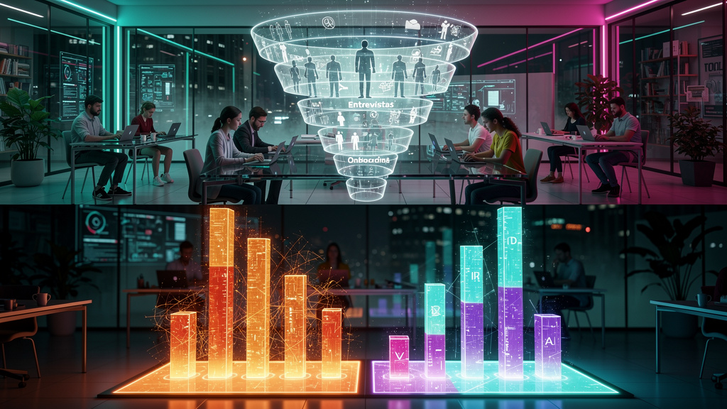 Toolzz e CIEE: Potencializando a Educação com IA — Um infográfico dividido em duas partes (superior/inferior para carrossel). Parte superior: Um funil visual representando o processo de recrutamento e