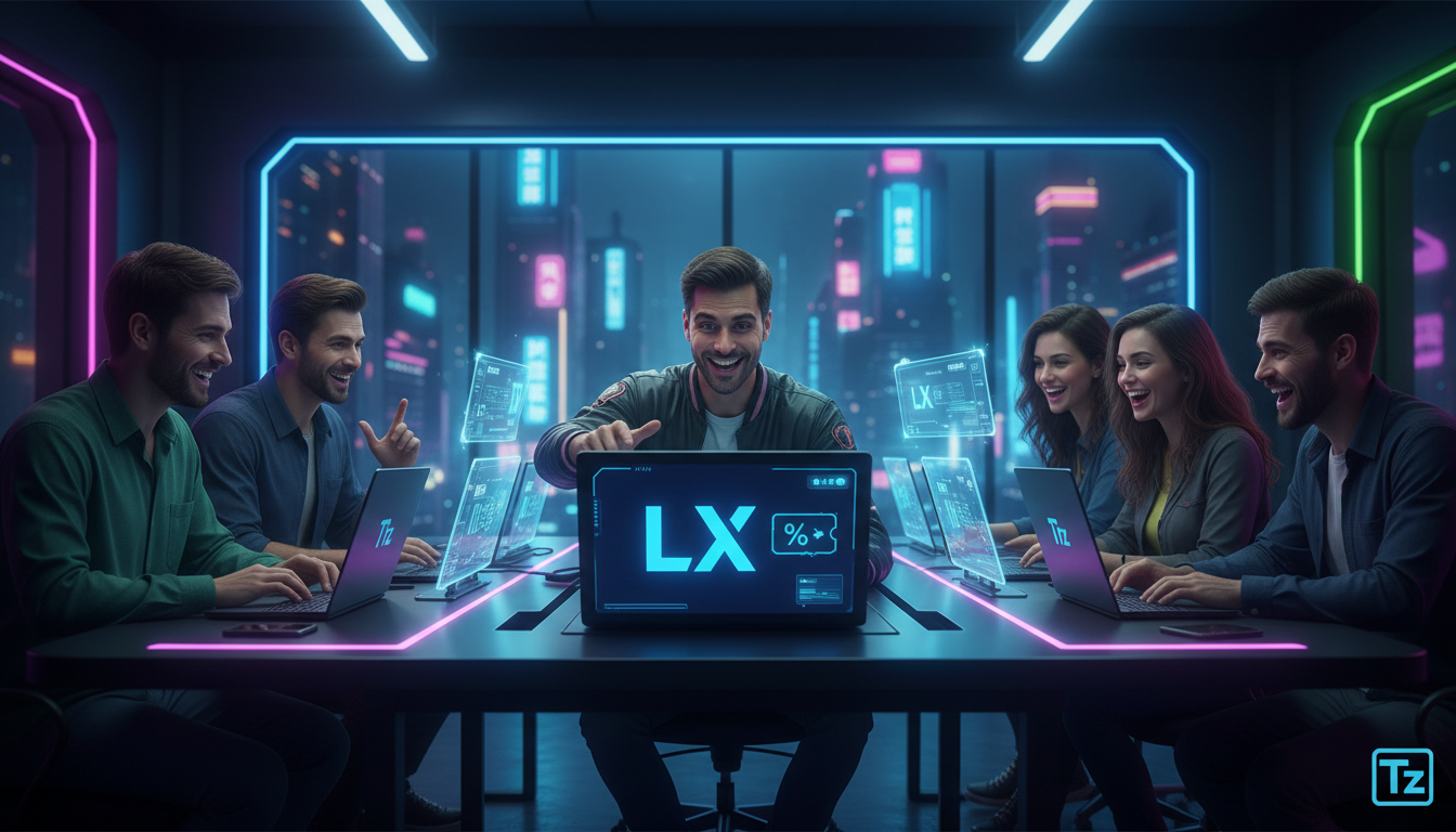 Toolzz Enterprise: 7 Estratégias para Cupons de Desconto em LXP em 2026 — Um grupo de funcionários em uma sala de treinamento moderna, todos olhando para seus laptops com expressões de entusiasmo. Um 