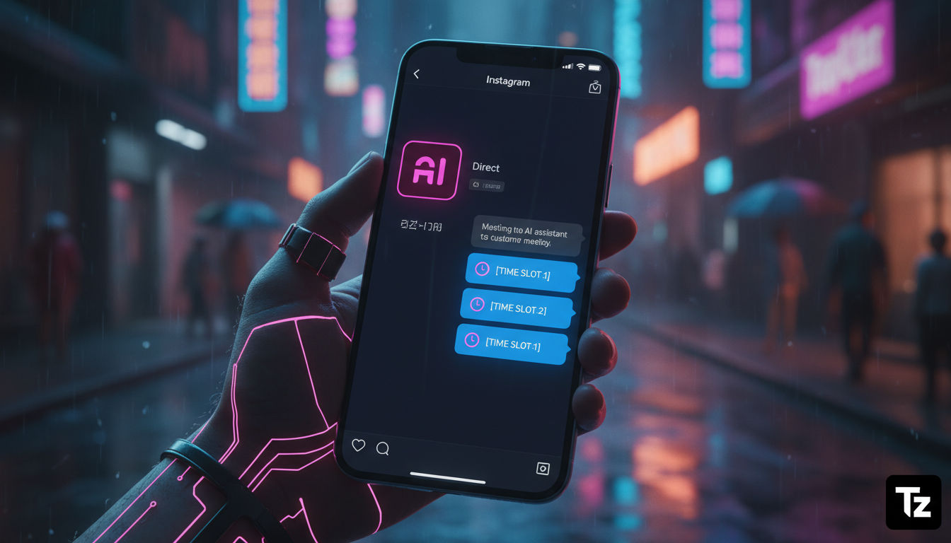 Toolzz Enterprise: 7 Tendências de Vendas no Instagram com IA para 2026 — Close-up de um smartphone mostrando uma conversa no Direct do Instagram. Um agente de IA da Toolzz está agendando uma consulta