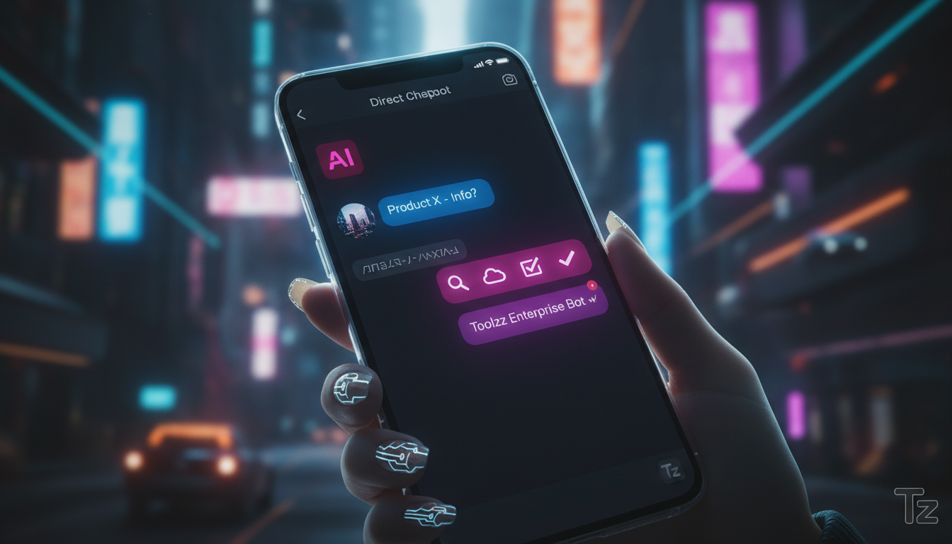 Toolzz Enterprise: 7 Vantagens da IA para Redes Sociais em 2026 — Close-up de um smartphone mostrando uma tela de DM do Instagram com uma conversa ativa. Um chatbot Toolzz responde instantaneamente a 