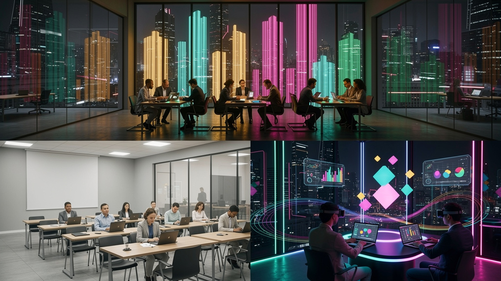 Toolzz Enterprise: Educação Corporativa com IA para 2026 — Um infográfico dividido em duas partes (superior/inferior para carrossel). Parte superior: Gráfico de barras mostrando o aumento da adoção de