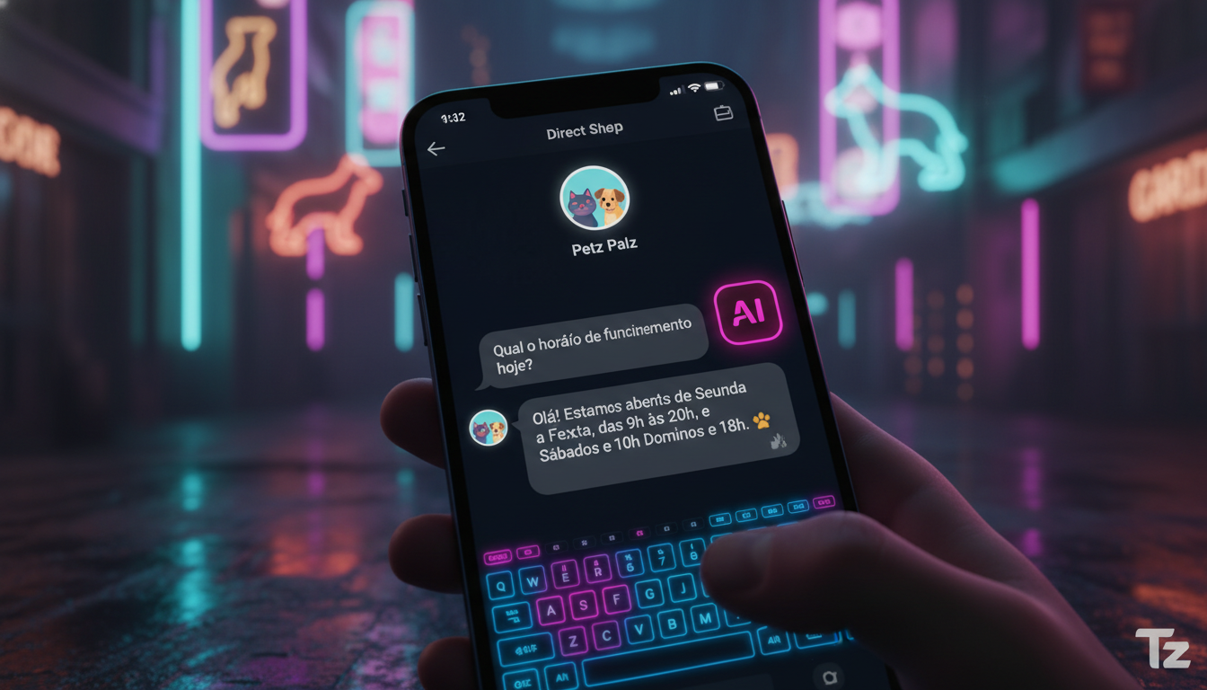 Toolzz: escalabilidade para empresas em crescimento — Uma tela de smartphone mostrando uma conversa no Instagram Direct. O chatbot da Toolzz responde instantaneamente a uma pergunta sobre horários de 