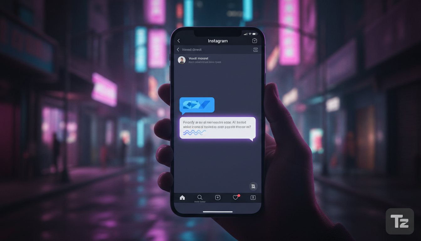 Toolzz: escolha inteligente para Automação de Marketing no Instagram — Close-up de um smartphone mostrando uma conversa no Direct do Instagram. A mensagem inicial é de um cliente perguntando sobre um 