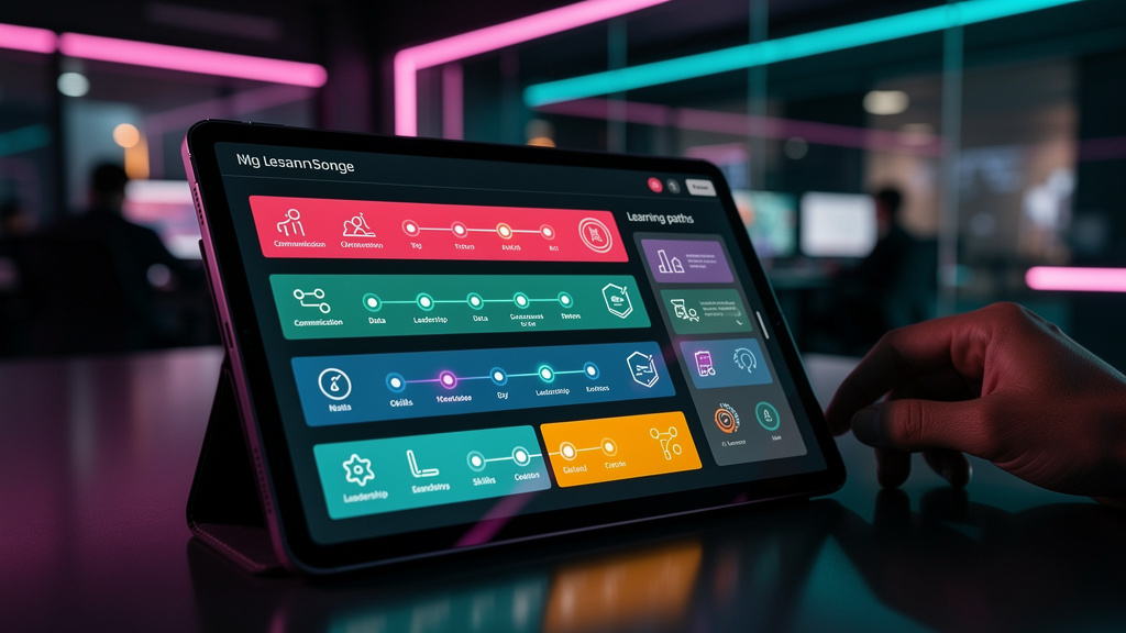 Toolzz: escolha inteligente para Educação Corporativa — Um close-up de um tablet mostrando a interface da Toolzz LXP, exibindo trilhas de aprendizado personalizadas para diferentes funcionários. Cada 