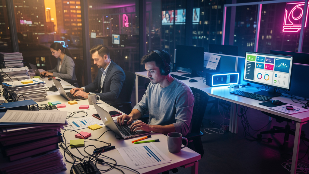 Toolzz: escolha inteligente para Integrações em 2024 — Um escritório moderno com várias mesas. Em algumas, funcionários lidam com pilhas de papel e planilhas, demonstrando processos manuais de integra