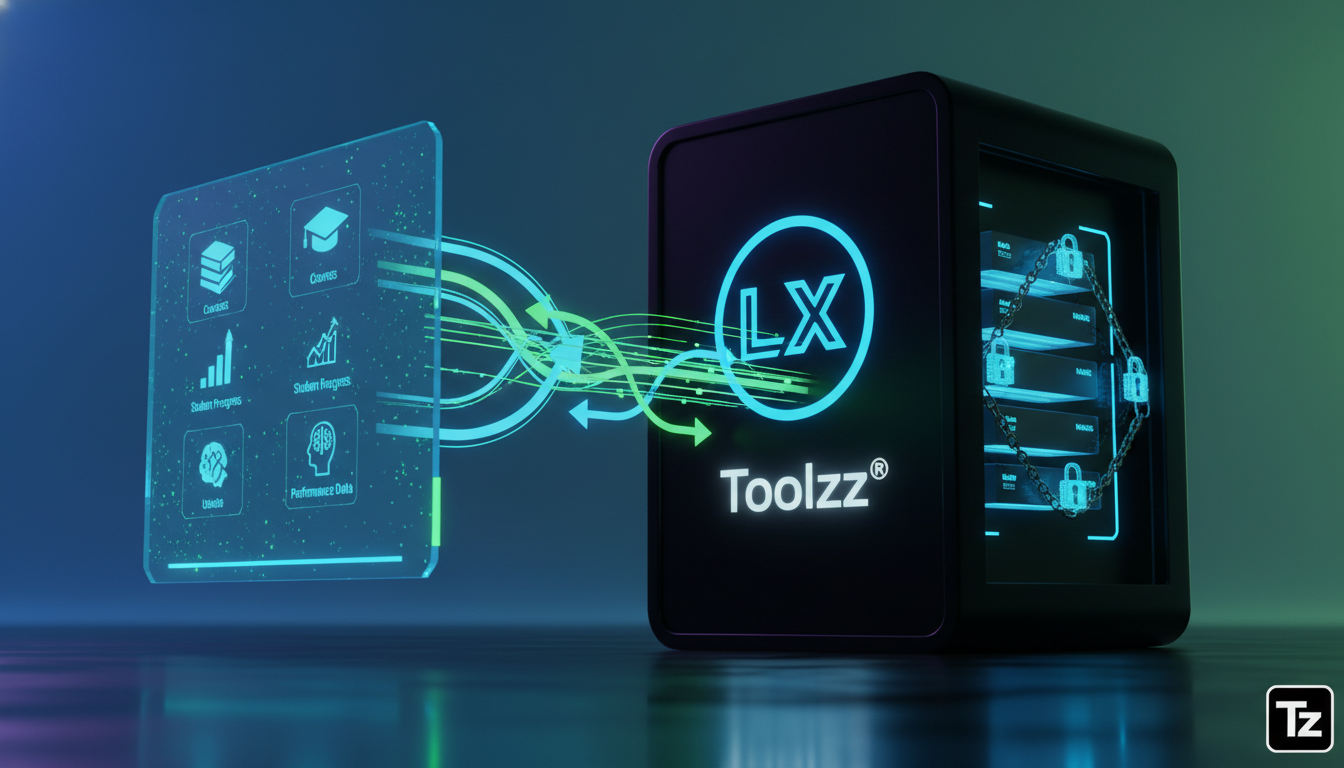 Toolzz: Estratégia Inteligente para Backup Automático em LXP em 2026 — Um diagrama visual mostrando o fluxo de dados de uma plataforma LXP (Learning Experience Platform) para um sistema de backup auto