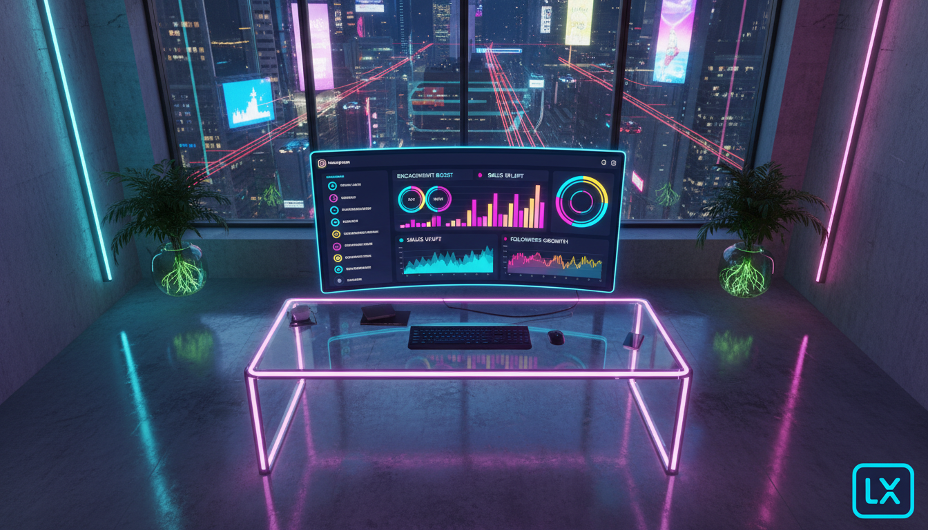 Toolzz: excelência e ROI garantido em Automação Instagram — Visão aérea de um escritório moderno e minimalista, com foco em uma tela de computador exibindo um painel analítico do Instagram. Vários grá