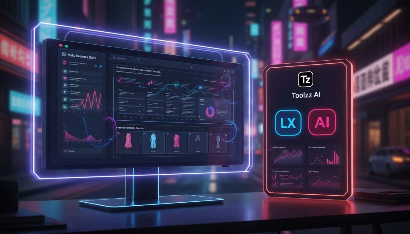 Toolzz: excelência e ROI garantido em IA para Moda — Uma tela de computador exibindo a interface da Meta Business Suite, com destaque para as funcionalidades de IA. Ao lado, uma janela menor mostra a 