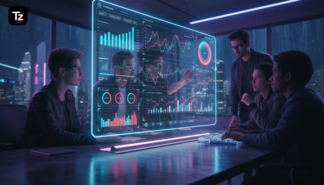 Toolzz: excelência e ROI garantido em Instagram API — Um escritório moderno e iluminado, onde uma equipe diversificada de profissionais de marketing analisa um dashboard complexo da API do Instagram e