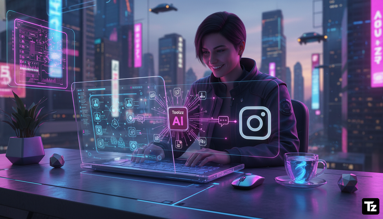 Toolzz: excelência e ROI garantido em Instagram API — Visão aérea de uma mesa de escritório moderna e minimalista. Um funcionário sorrindo utiliza um laptop com a interface da API do Instagram exibida