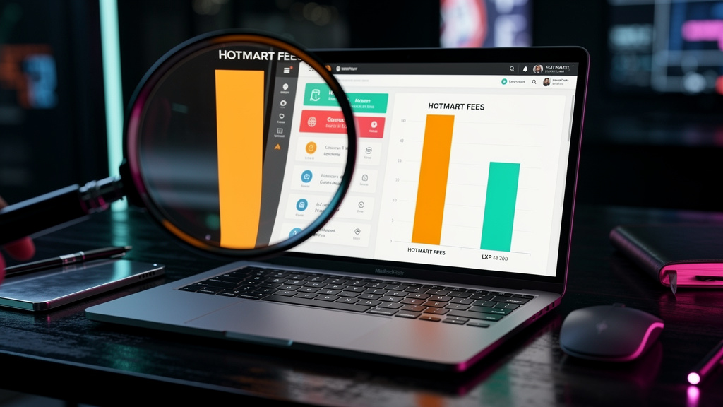 Toolzz: excelência e ROI garantido em LXP para Hotmart e alternativas em 2026 — Close-up de uma lupa examinando a tela de um laptop que exibe a interface da Hotmart. Ao lado, um gráfico comparativo mo