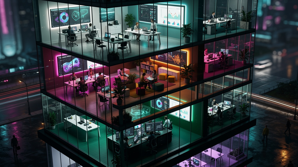 Toolzz: excelência e ROI garantido em plataformas multi-tenant de educação corpo — Uma ilustração isométrica de um prédio de escritórios compartilhado (coworking), onde cada andar representa uma empre