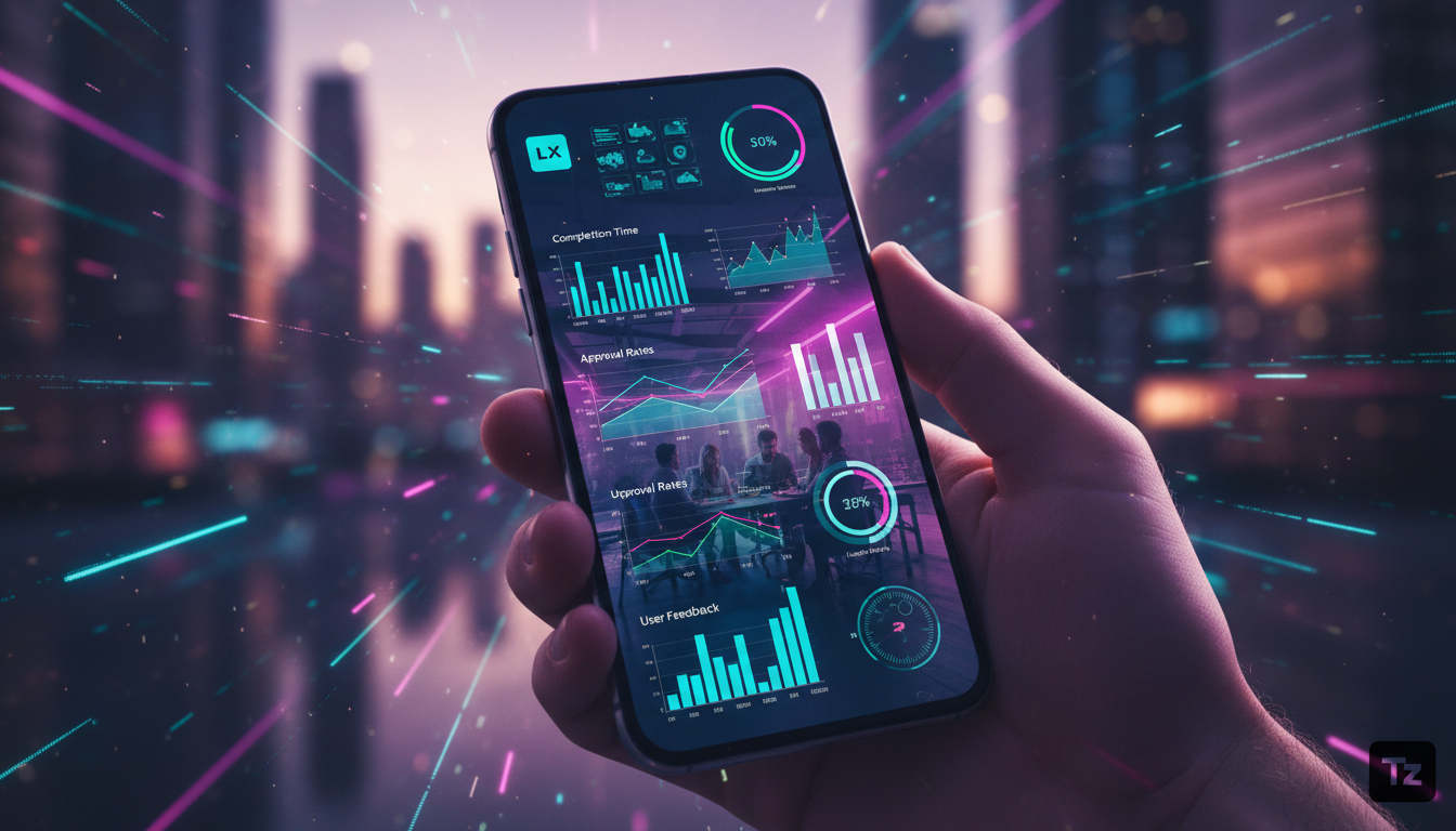 Toolzz: Exportação de Dados em LXP – 7 Estratégias para 2026 — Uma mão segurando um smartphone que exibe um painel de controle da Toolzz LXP, mostrando gráficos de desempenho de usuários e cursos. O p