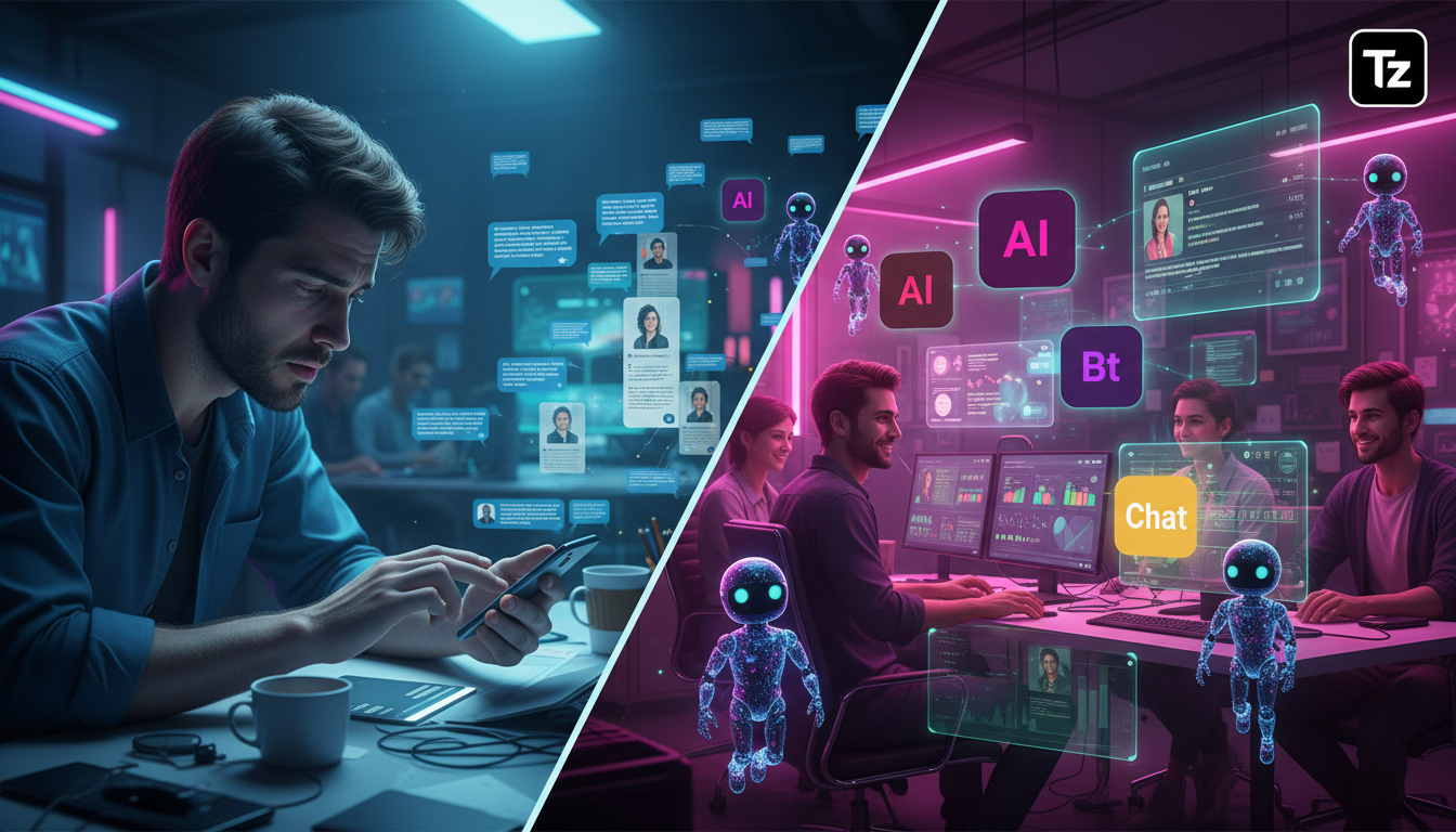 Toolzz: flexibilidade máxima em Agentes IA Social Media — Uma representação visual da evolução do marketing no Instagram, mostrando uma linha do tempo. No início da linha do tempo, vemos uma pessoa ge