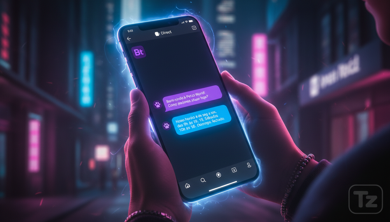 Toolzz: flexibilidade máxima em automação Instagram — Close-up de uma tela de smartphone mostrando uma conversa no Instagram Direct. O chatbot da Toolzz responde a uma pergunta sobre horários de funci