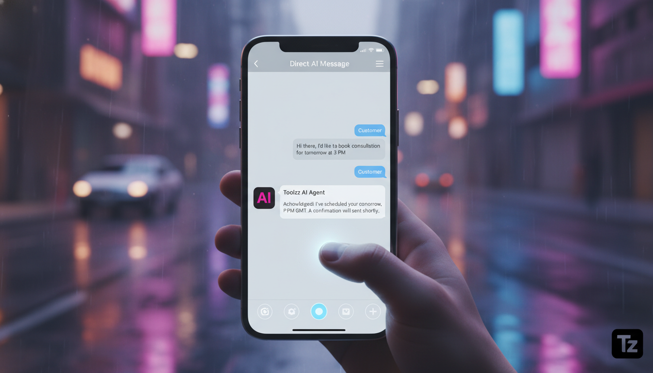 Toolzz: flexibilidade máxima em IA para Redes Sociais — Close-up de um smartphone exibindo uma conversa em um chat do Instagram DM. A conversa mostra um cliente interagindo com um agente de IA da Tool