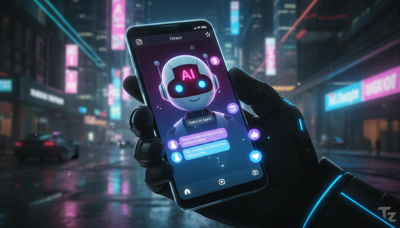 Toolzz: flexibilidade máxima em IA para Redes Sociais — Close-up de um smartphone exibindo uma conversa no Direct do Instagram. Um agente de IA da Toolzz, identificado por um avatar amigável com o log