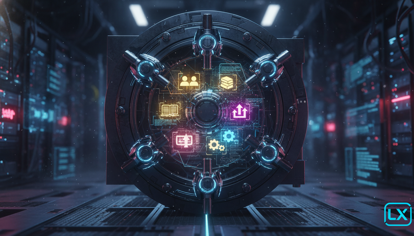 Toolzz: garantia de resultados em Backup Automático para LXP — Ilustração digital mostrando um cofre-forte digital com vários cadeados. Dentro do cofre, brilham dados e ícones representando informaçõe