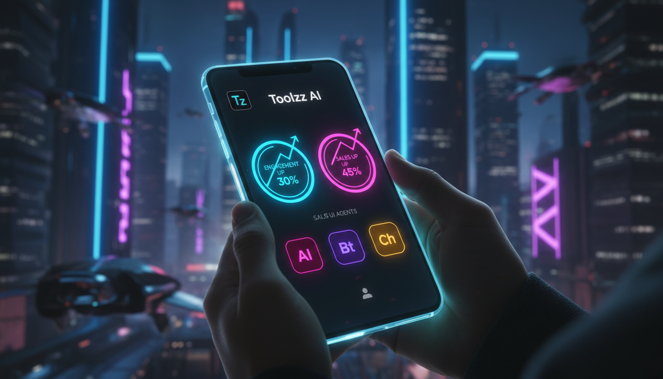 Toolzz: garantia de resultados em Instagram Commerce IA — Uma tela de smartphone exibindo um painel de controle da Toolzz AI. O painel mostra gráficos de desempenho do Instagram, destacando o aumento 