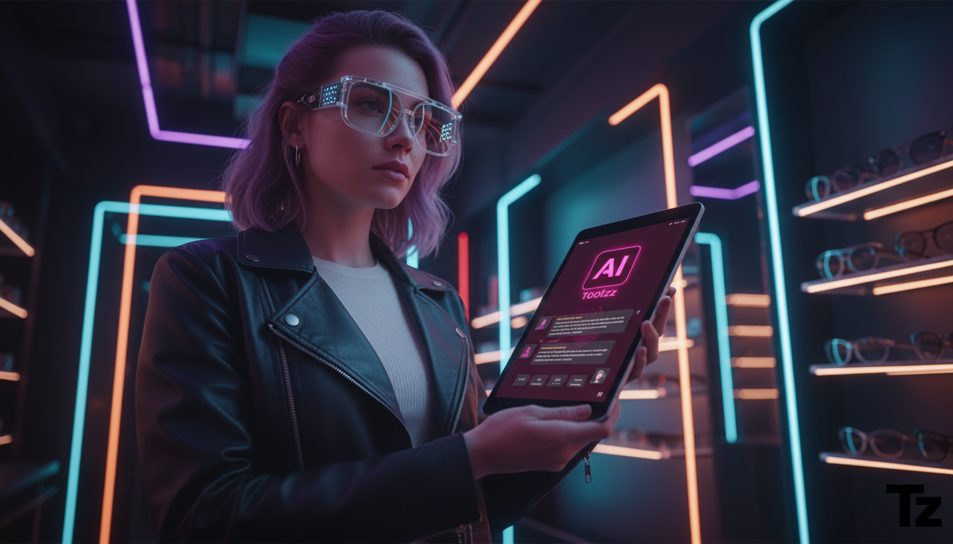Toolzz: IA e inovação em redes sociais para óticas vendendo 24h — Um cliente experimentando diversos óculos em uma ótica moderna, enquanto interage com um tablet que exibe o logo da Toolzz e uma inter