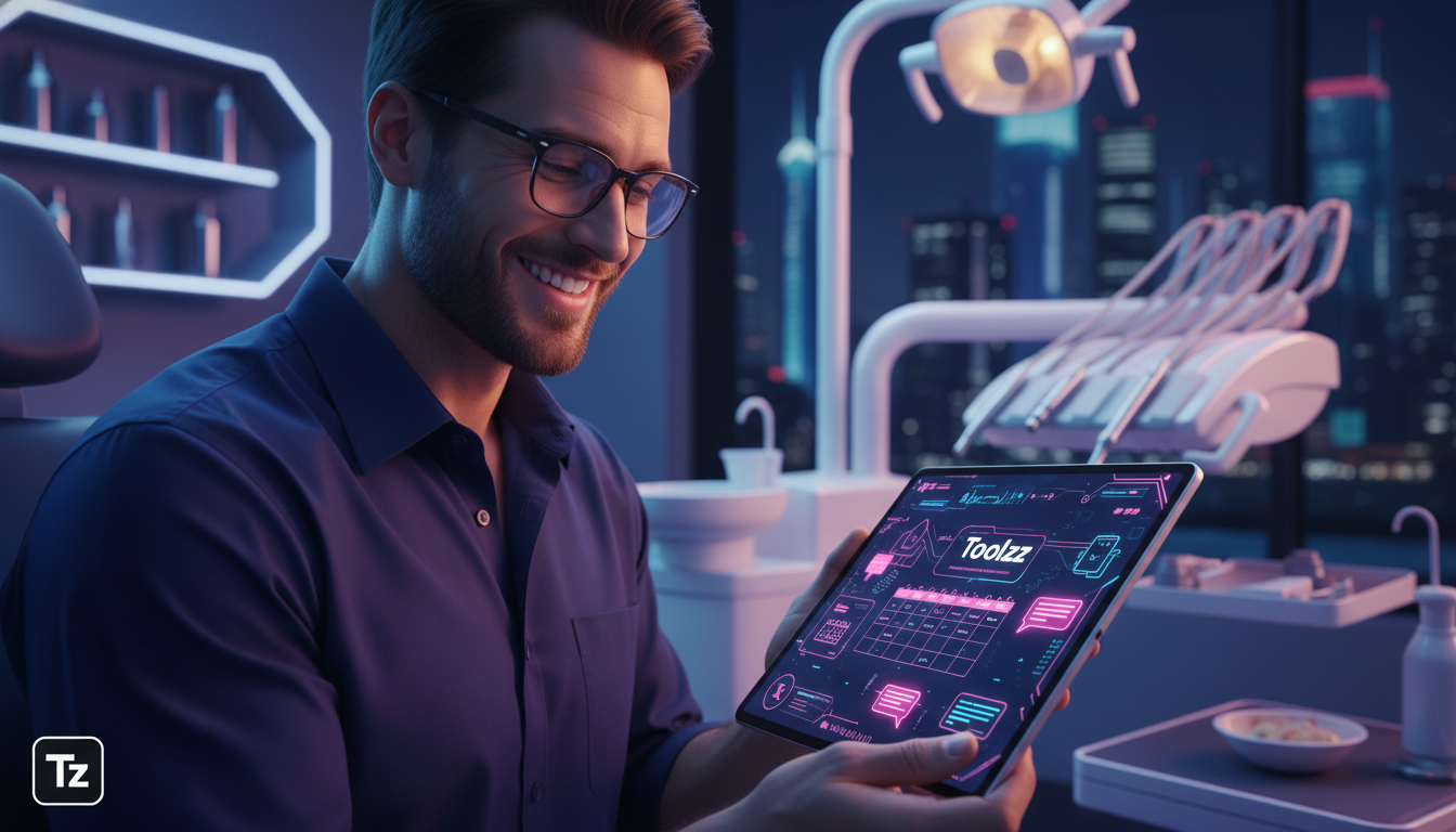Toolzz: IA para Redes Sociais custo-benefício — Um dentista moderno, em seu consultório, sorrindo enquanto observa um tablet onde a interface de um agente de IA da Toolzz otimiza o agendamento de cons