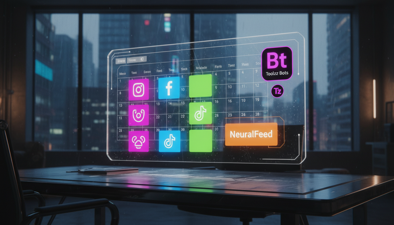 Toolzz: IA para Redes Sociais em 2026 – 7 Estratégias de Sucesso — Uma tela de planejamento de conteúdo de rede social exibindo um calendário visualmente atraente. Blocos coloridos representam diferen