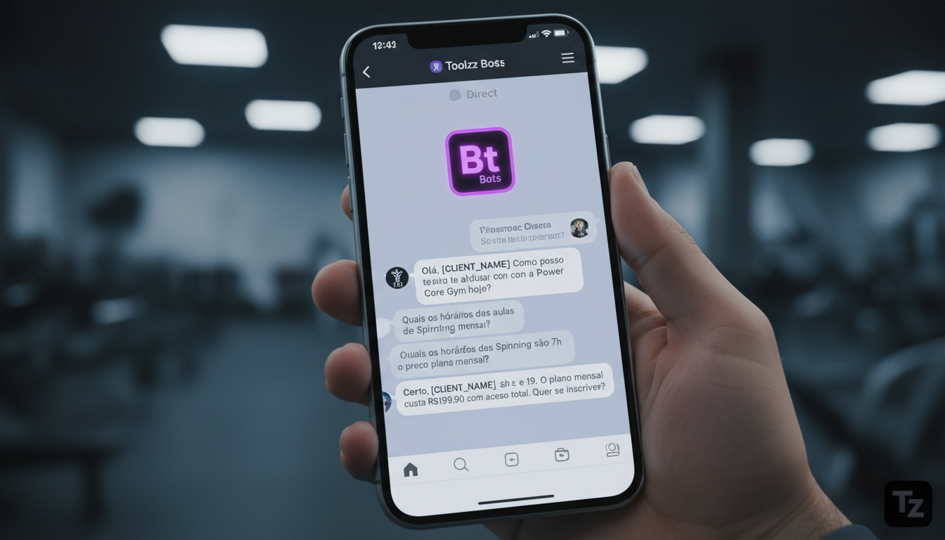 Toolzz: IA para Redes Sociais em 2026 — Close-up de um smartphone mostrando uma conversa de chatbot no Instagram Direct de uma academia. O chatbot, com a marca Toolzz Bots, responde instantaneamente a