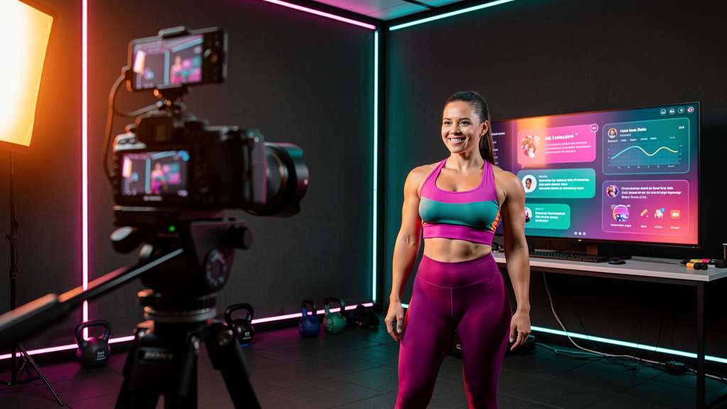 Toolzz: IA para Redes Sociais em 2026 — Um influenciador fitness, em um estúdio moderno e iluminado, grava um vídeo para o Instagram. Ao fundo, um monitor exibe um dashboard da Toolzz AI mostrando a I