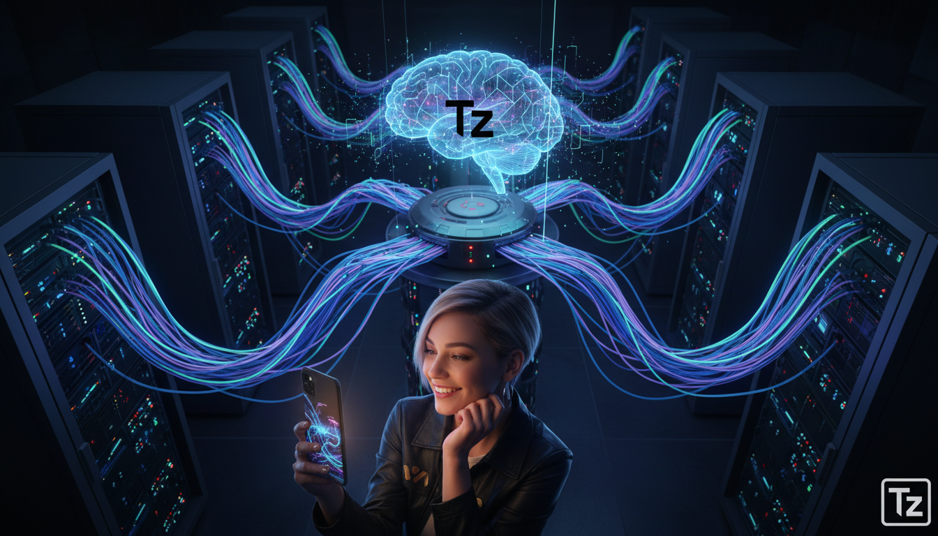 Toolzz: implantação assistida e suporte dedicado — Visão aérea de um data center moderno com servidores brilhantes e cabos de fibra óptica pulsando com luz. Uma projeção holográfica do logo da Toolzz 