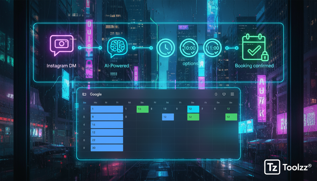 Toolzz: implementação rápida de Agendamento via Instagram — Um diagrama infográfico dividido horizontalmente. Na parte superior, um fluxo visual mostrando o processo de agendamento automatizado: um us
