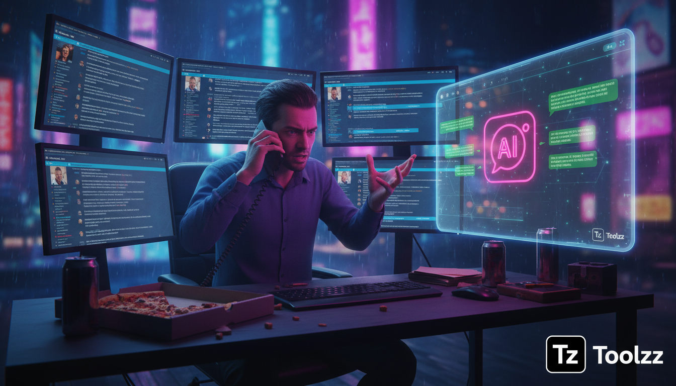 Toolzz: implementação rápida de Agente de Suporte AI para Instagram — Um atendente de seguros frustrado com diversas telas abertas no computador, enquanto simultaneamente responde a diversas mensagens