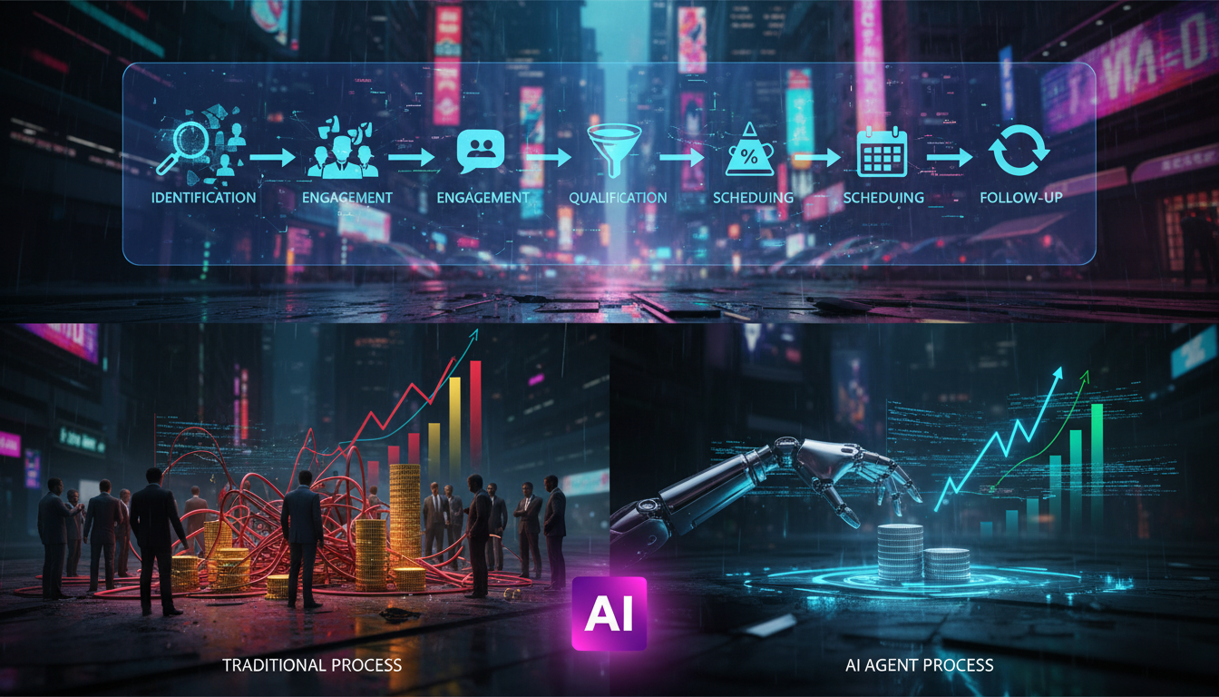 Toolzz: implementação rápida de Agente IA Social Media — Um diagrama infográfico dividido em duas partes para carrossel no Instagram. Parte superior: Fluxograma mostrando o processo de um Agente SDR I