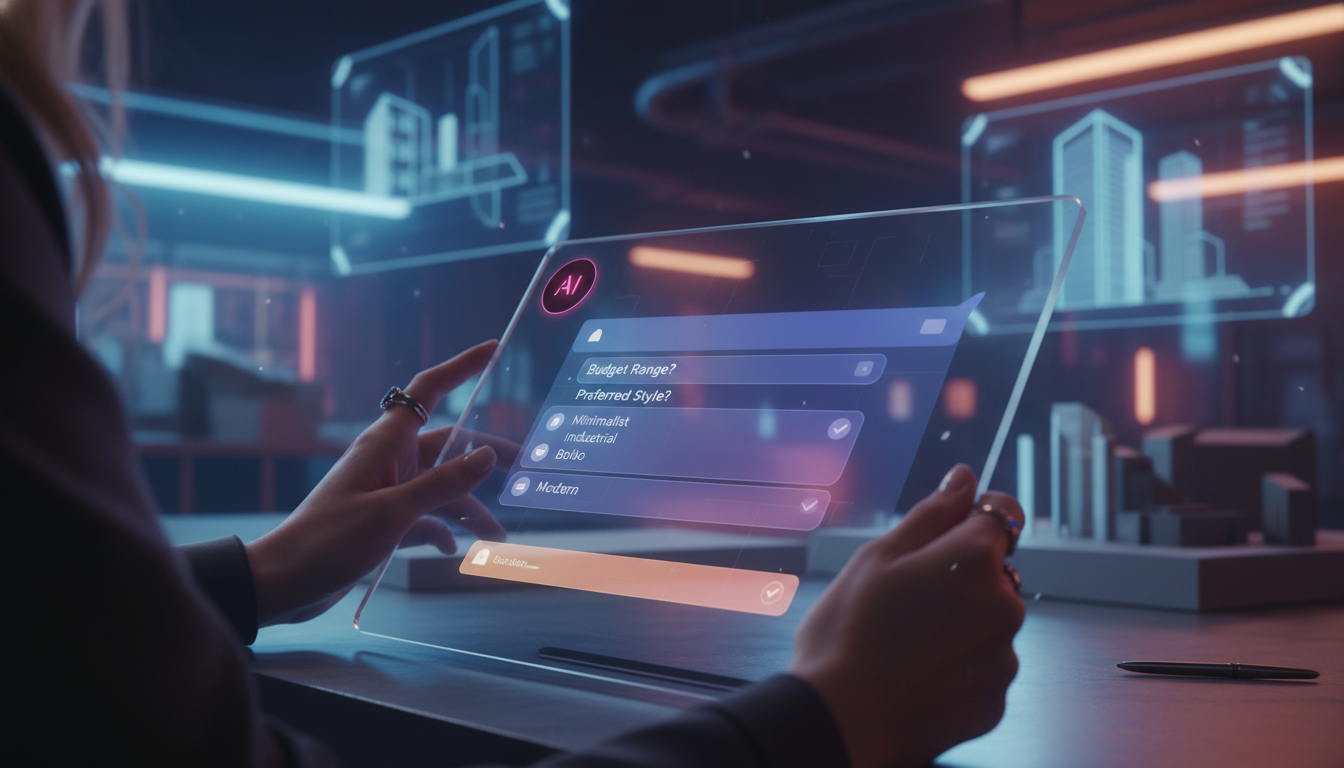 Toolzz: implementação rápida de automação Instagram 2026 — Um close-up das mãos de um designer de interiores ajustando um tablet que exibe uma conversa de chatbot da Toolzz. A conversa mostra o chatbo