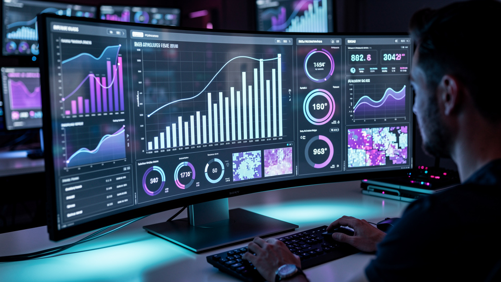Toolzz: implementação rápida de Blog IA 2026 — Close-up de um painel de controle de IA exibindo métricas de desempenho de blogs em tempo real, com gráficos ascendentes e indicadores de engajamento do 