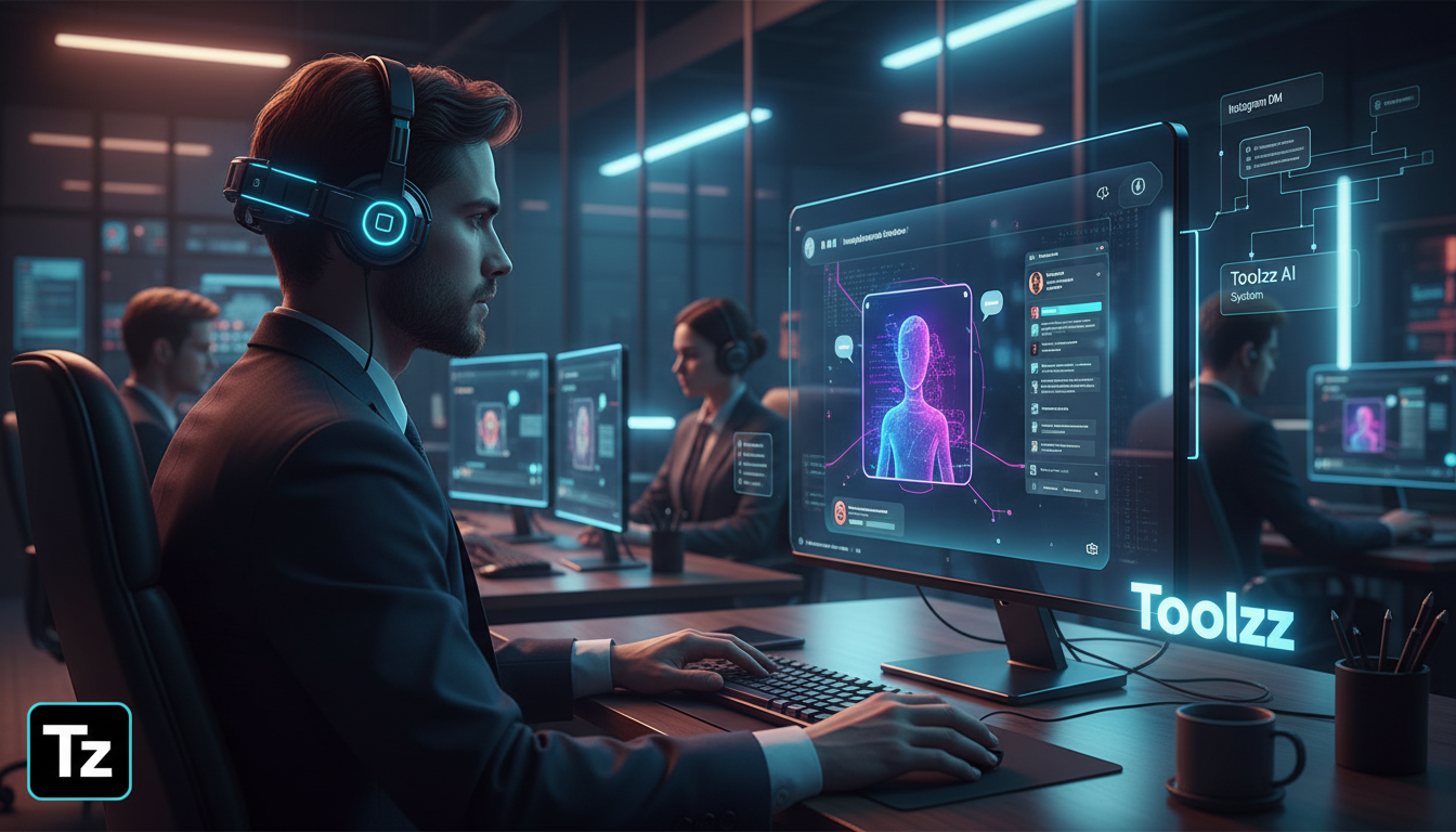 Toolzz: implementação rápida de IA para Instagram — Um escritório de advocacia movimentado, com advogados trabalhando em seus computadores. Em primeiro plano, um advogado usa um headset e interage com