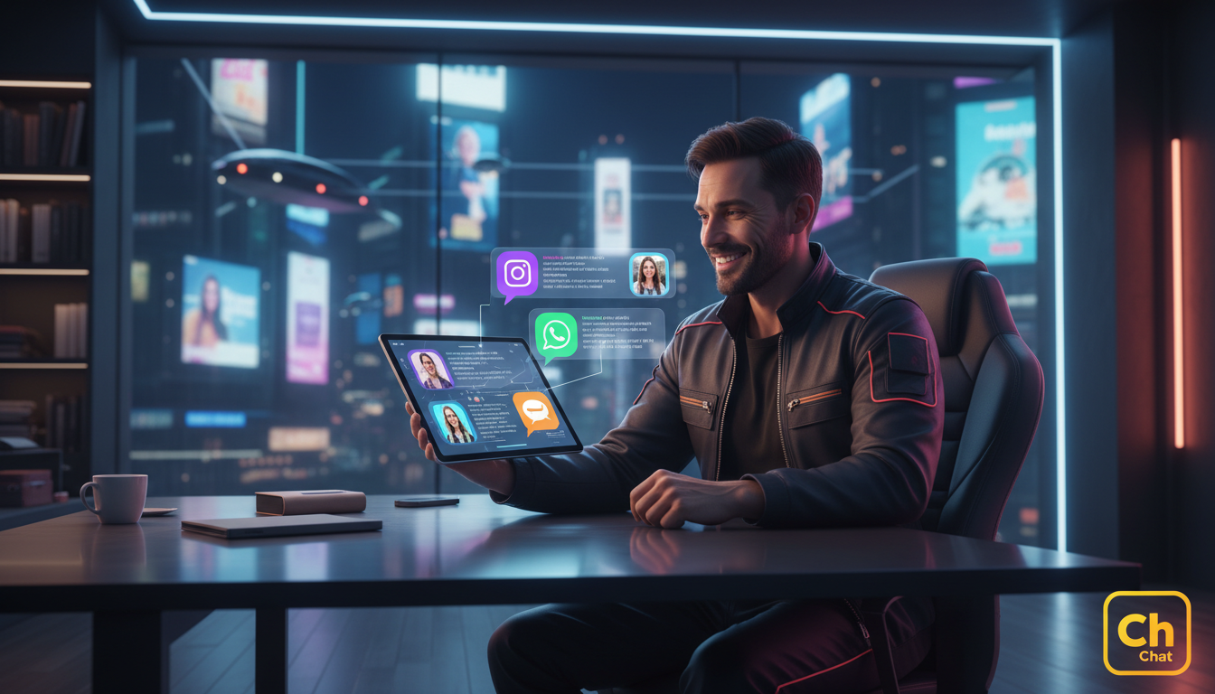 Toolzz: implementação rápida de IA para Redes Sociais — Um agente imobiliário, em um escritório moderno e iluminado, utilizando um painel de controle omnichannel da Toolzz Chat em um tablet. O painel 