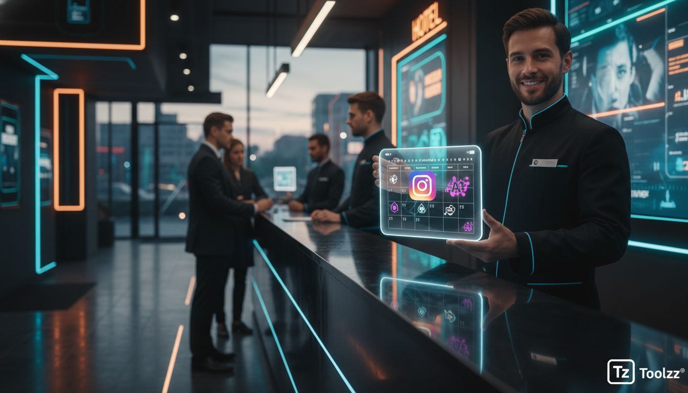 Toolzz: implementação rápida de IA para Redes Sociais — Um atendente de hotel sorrindo enquanto mostra na tela do tablet um calendário integrado com o Instagram, exibindo agendamentos feitos por um ag