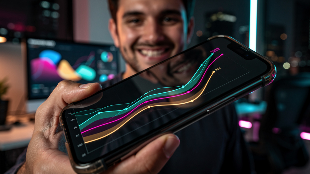 Toolzz: implementação rápida de Inbound Marketing — Um close-up de um smartphone exibindo um gráfico de crescimento exponencial de tráfego orgânico. A tela do celular reflete o rosto sorridente de um 