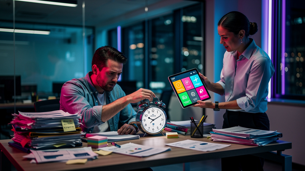 Toolzz: implementação rápida de LXP — Um líder de equipe, em meio a uma pilha de papéis e tarefas em sua mesa, olha para o relógio com uma expressão frustrada. Em um segundo plano, um colega demonstra