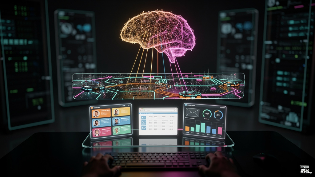 Toolzz: Implementação Rápida de MCP para Agentes de IA — Ilustração de um diagrama em camadas representando o Model Context Protocol (MCP). A camada superior mostra um modelo de linguagem estilizado e
