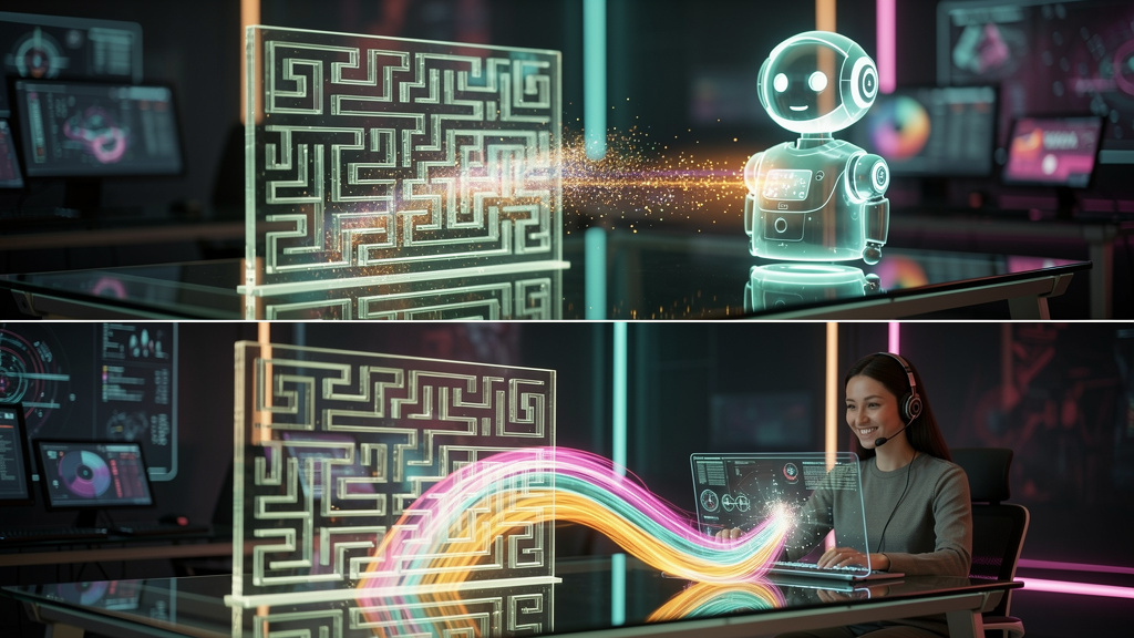 Toolzz: implementação rápida de Transferência IA para Humano — Um diagrama de fluxo ilustrando o processo de transferência de um chatbot para um agente humano. O chatbot (representado por um ícone de 