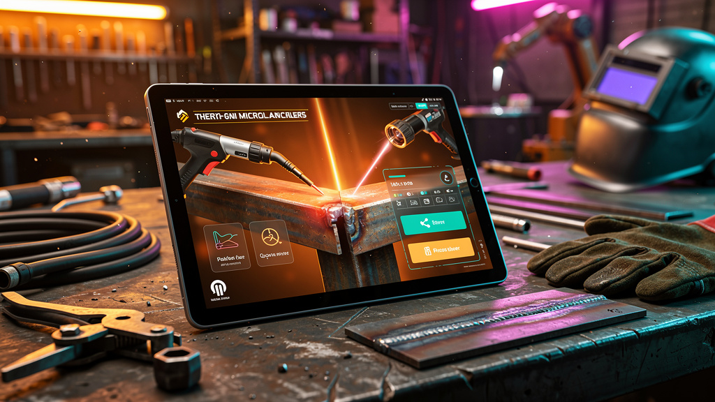 Toolzz: Implementação Rápida de Treinamentos em 2026 — Close-up de um tablet exibindo um módulo de microlearning sobre soldagem, com animações interativas e quizzes. O tablet está sobre uma bancada de