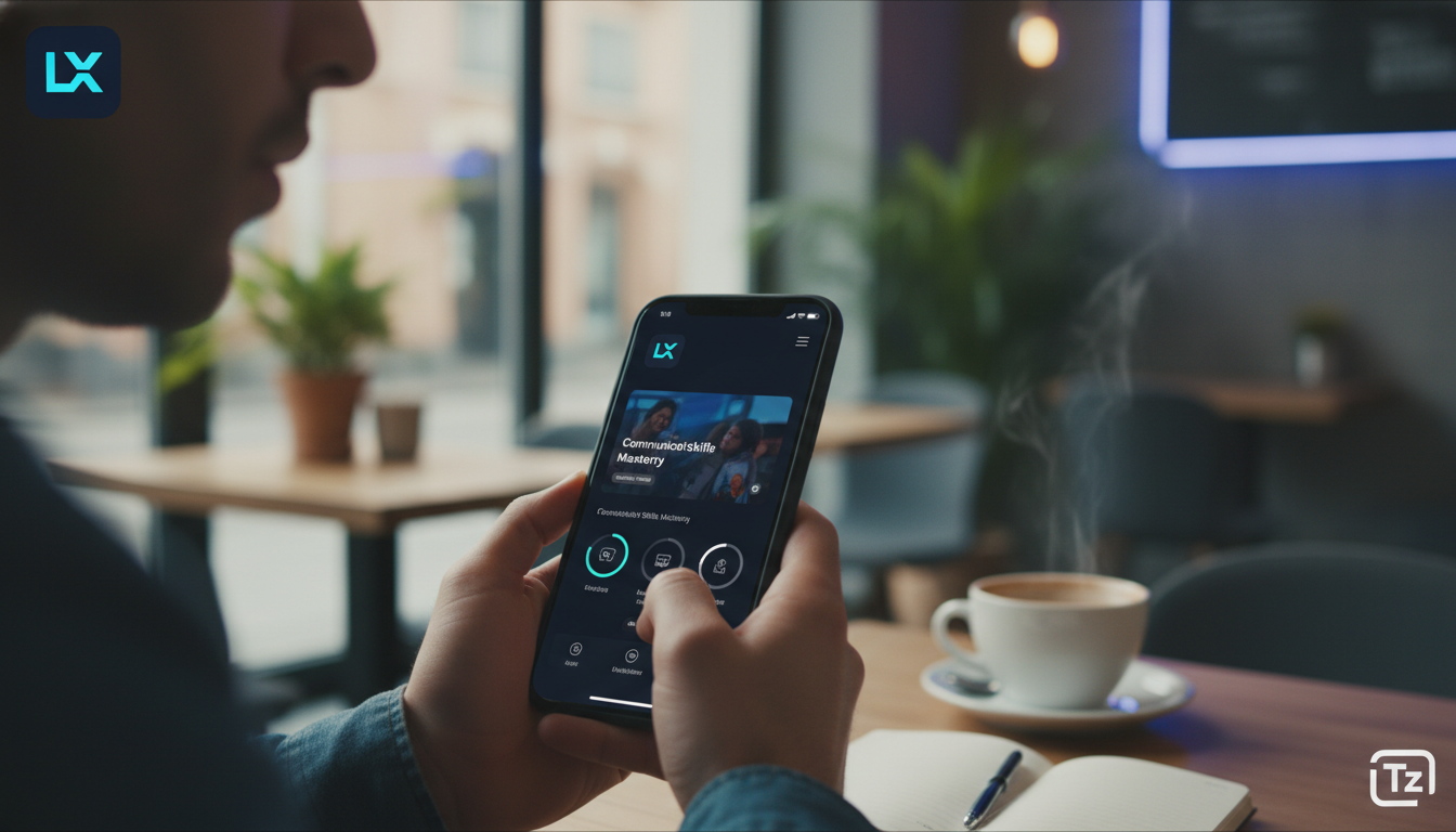 Toolzz: Inovação e economia em App Mobile LXP para empresas — Uma pessoa usando um smartphone em um café, com a interface do aplicativo Toolzz LXP exibindo um curso de microlearning sobre habilidades 
