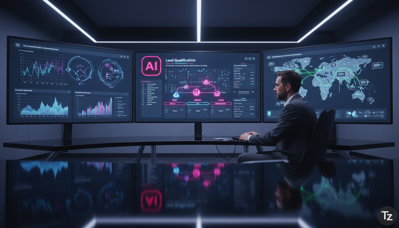 Toolzz: inovação e economia em automação Instagram 2026 — Uma sala de controle moderna e minimalista. Um profissional de marketing observa múltiplos monitores exibindo painéis de controle do Instagram