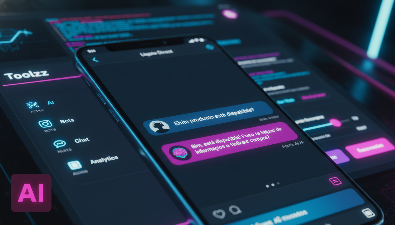 Toolzz: inovação e economia em automação Instagram — Close-up de um smartphone mostrando uma conversa no Direct do Instagram, onde um agente de IA da Toolzz responde automaticamente a uma pergunta de 