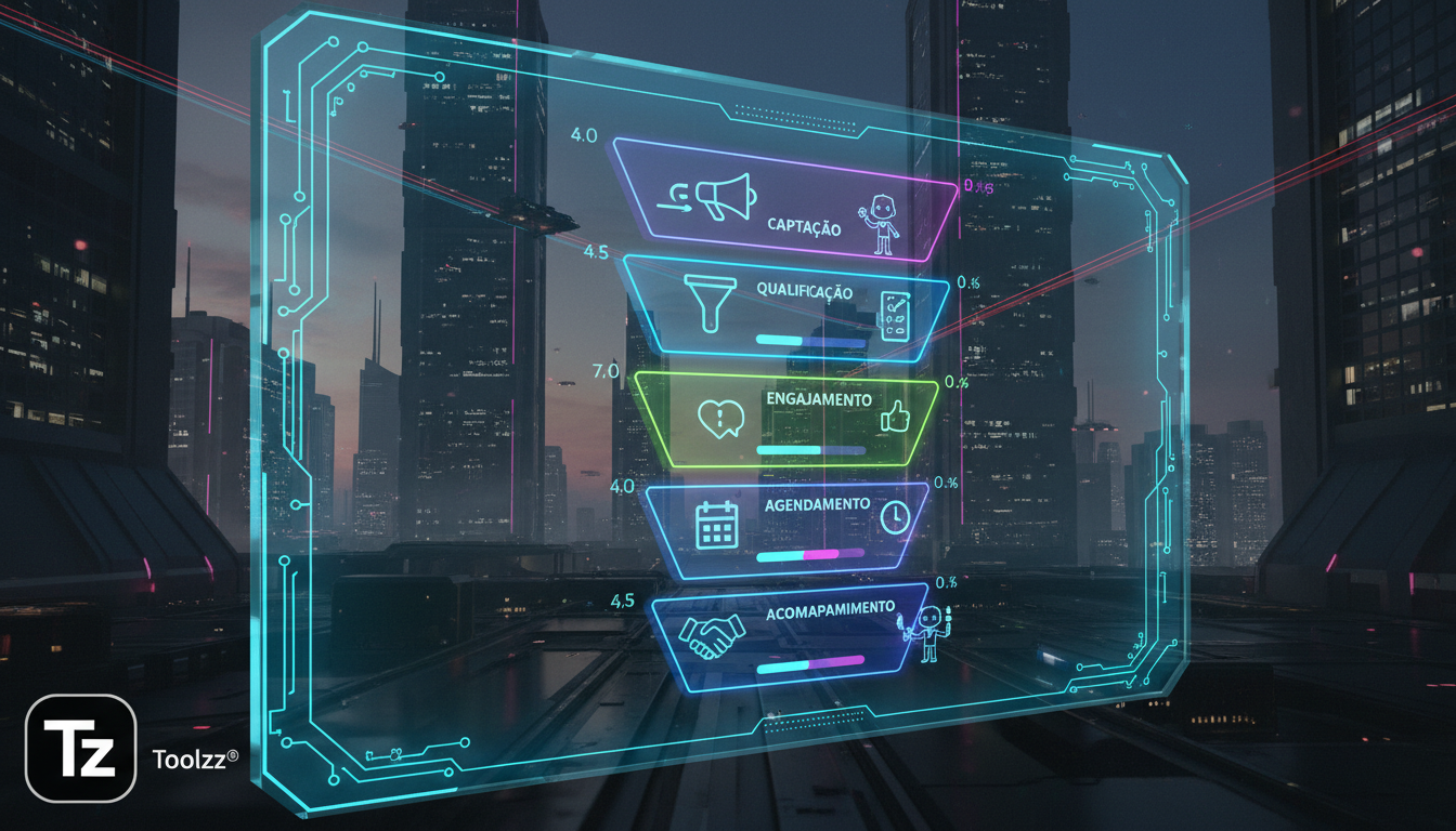 Toolzz: inovação e economia em automação Instagram — Um painel de controle de marketing no Instagram exibindo um funil de vendas visualizado através de uma interface moderna. Cada etapa do funil (capt