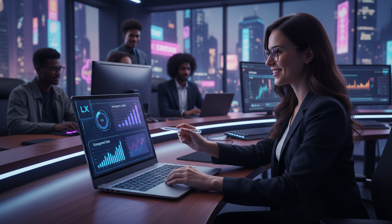 Toolzz: inovação e economia em chatbot Instagram — Uma agente de marketing sorrindo enquanto observa um painel de controle da Toolzz em seu laptop. O painel mostra gráficos de crescimento de leads e e