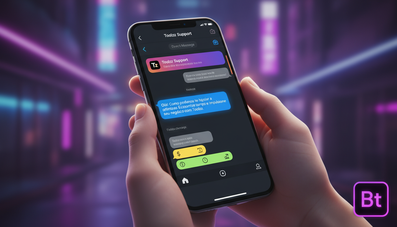Toolzz: inovação e economia em chatbots Instagram — Close-up de mãos digitando em um smartphone, com a tela mostrando uma conversa de Instagram DM sendo atendida por um chatbot da Toolzz. Luz suave e 