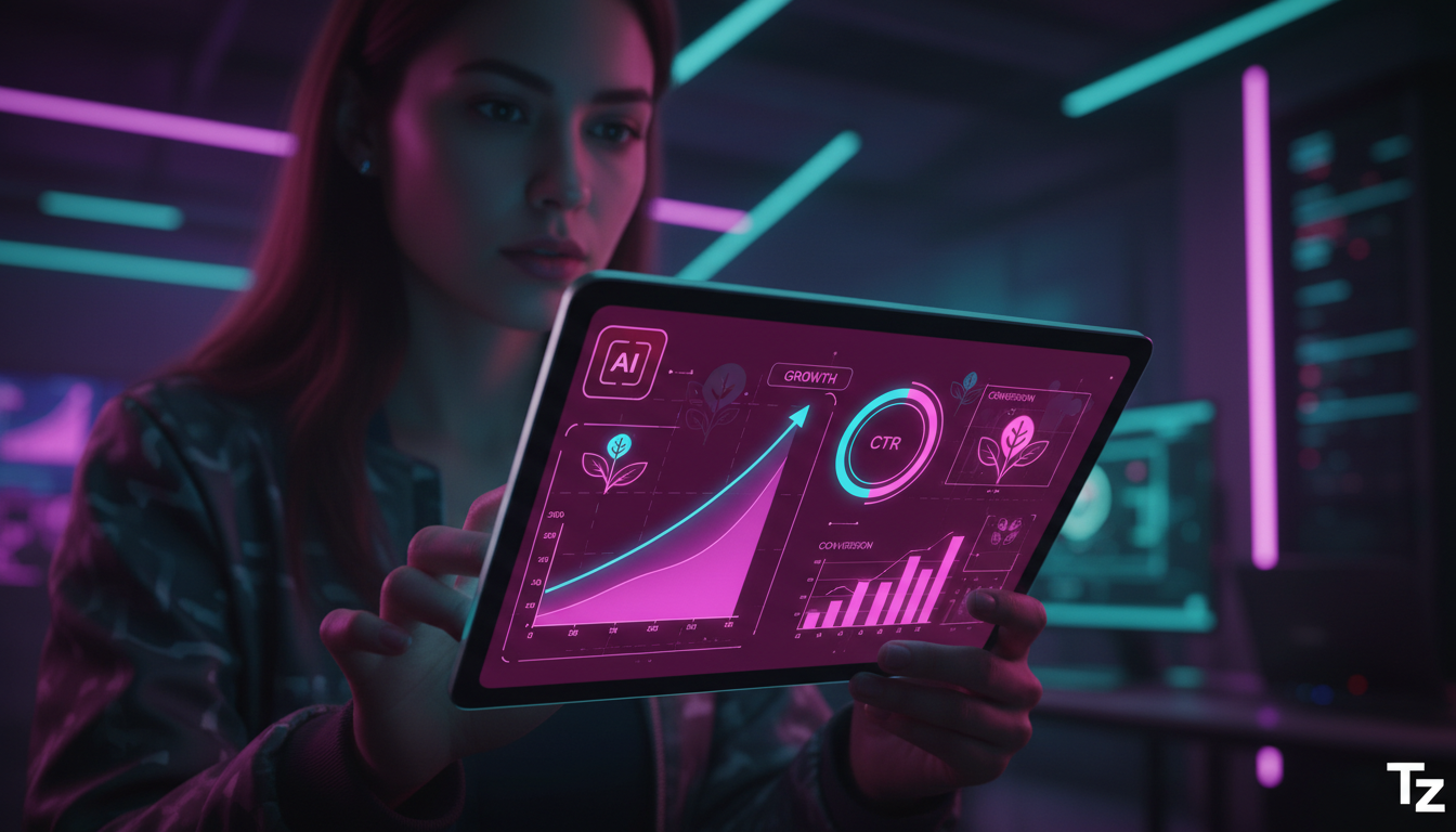 Toolzz: inovação e economia em IA para Redes Sociais — Um profissional de marketing digital analisando um dashboard da Toolzz AI em um tablet, mostrando métricas de engajamento do Instagram. O dashboa