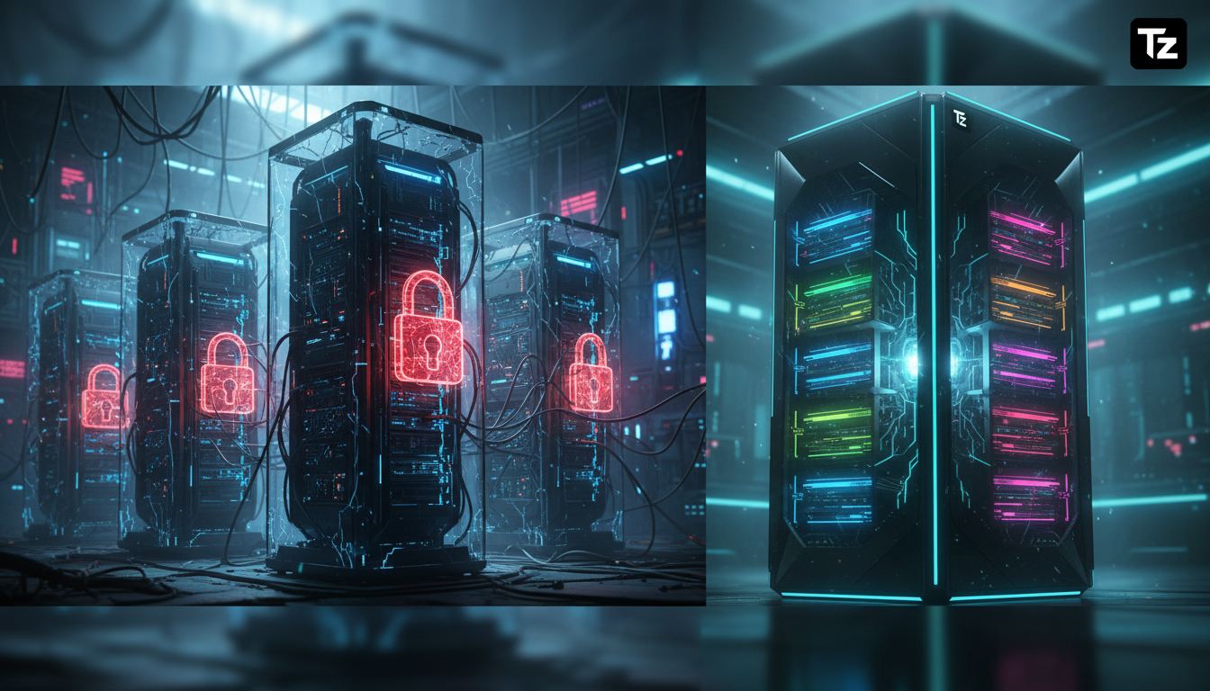 Toolzz: inovação e economia em Multi-tenant para LXP — Diagrama visual que compara a arquitetura de um LMS tradicional (single-tenant) com a arquitetura multi-tenant da Toolzz LXP. No lado single-tena